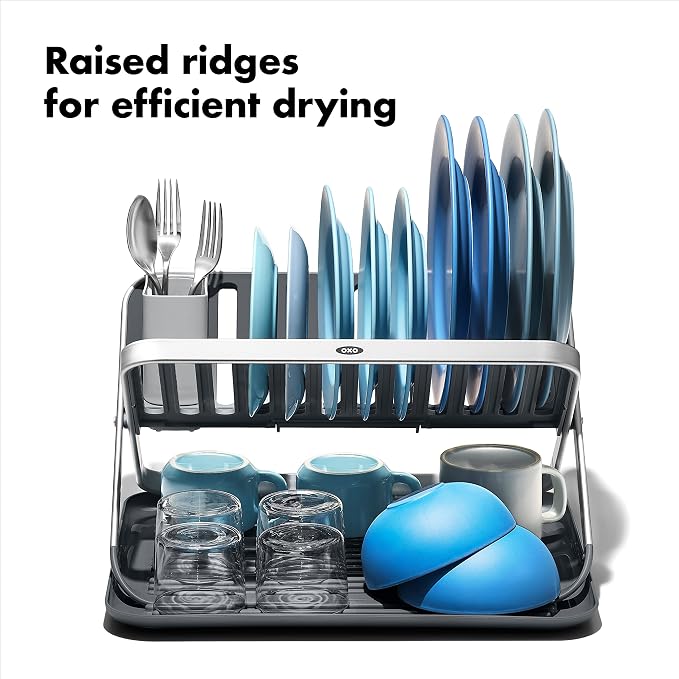 OXO Good Grips Aluminum Fold Flat Dish Drying Rack, 2-Tier, with Drainboard, for Kitchen Counter, Collapsible - Image 4