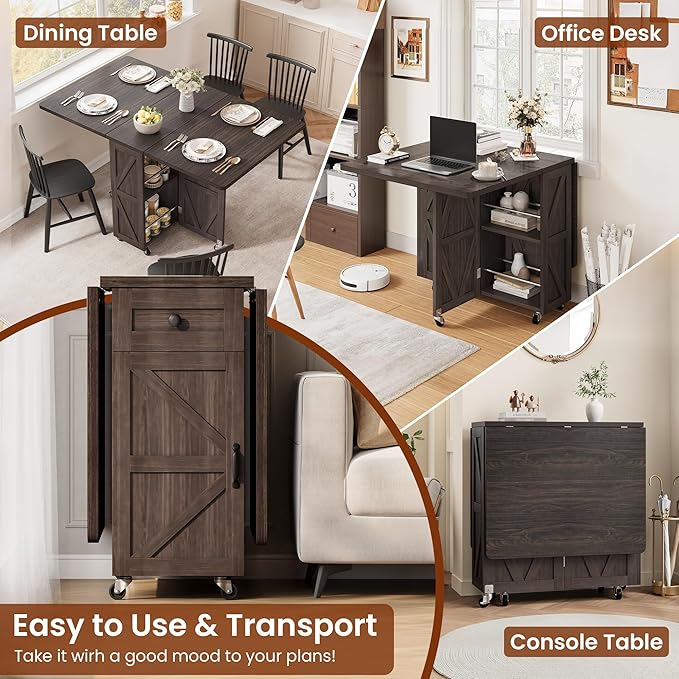 Space Saving Folding Dining Table for 2-4, Farmhouse Foldable Dining Table with Drawer and Storage Shelf, 6 Wheels Drop Leaf Kitchen Dining Room Table for Small Space (Walnut 47.2" x 23.6" x 29.5") - Image 4