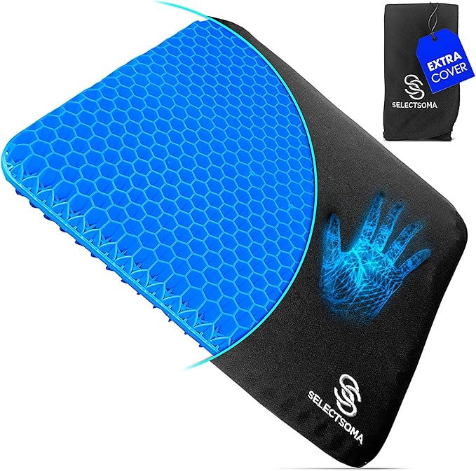 Gel Seat Cushion for Long Sitting, Pressure Relief for Sciatica, Tailbone, Coccyx & Back Pain, Office Chair, Wheelchair, Car & Truck – Standard Size Blue Gel by SelectSoma