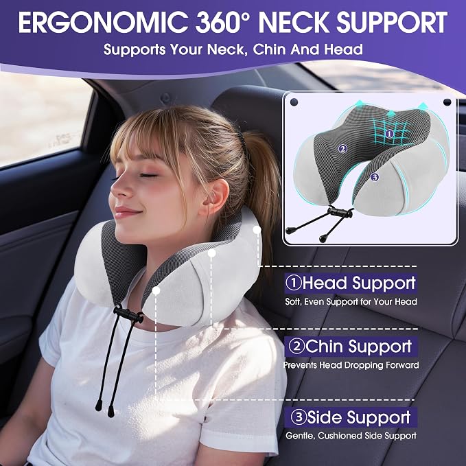 CloudBliss Memory Foam Travel Neck Pillow, Set of 2, Black & Light Grey | Travel Neck Pillow for Long Flight, Train, Car & Office, Plane Travel Accessories with Eye Mask, Earplugs, Storage Bag - Image 2