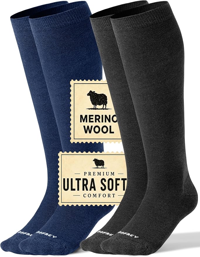 Silky-Soft Merino Wool Compression Socks 15-20 mmHg for Women & Men 2 Pairs | High-Stretch Adaptive Fit | Moisture-Wicking & Breathable | Seamless Toe| Cushioned Sole | Ideal for Flying, Travel & Running by Bbfrey