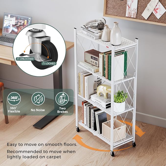 DEANIC 4 Tier Foldable Storage Shelves with Wheels, Large Capacity Shelving Unit, Freestanding Metal Wire Shelf Rack, No Assembly Organizer Rack for Garage Kitchen, Basement, Pantry(White Pack of 2) - Image 8