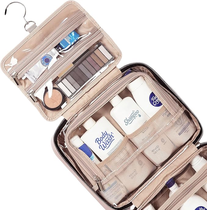 NISHEL Travel Toiletry Bag for women, Portable Hanging makeup Organizer | for Travel-Sized Shampoo, Conditioner, Brushes Set, makeup Accessories, Large Size, Pink - Image 4