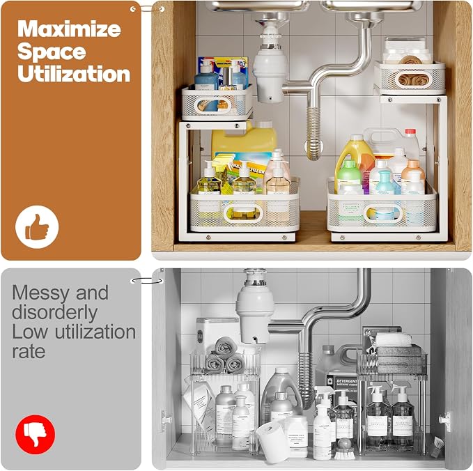 2 Pack Under Sink Organizer With Smooth Cylindrical Rail,2-Tier Pull Out Multi-Purpose Cabinet Storage for Bathroom&Kitchen,Height Adjustable,Rust-resistant Coating-White - Image 5