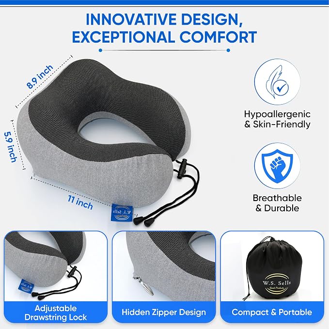 W.S. Sells Travel Neck Pillows for Airplanes - Pure Memory Foam with Ergonomic Design & Breathable Fabric - Travel Pillows for Airplanes & Cars - Set of Travel Essentials with Sleep Mask & Ear Plugs - Image 3