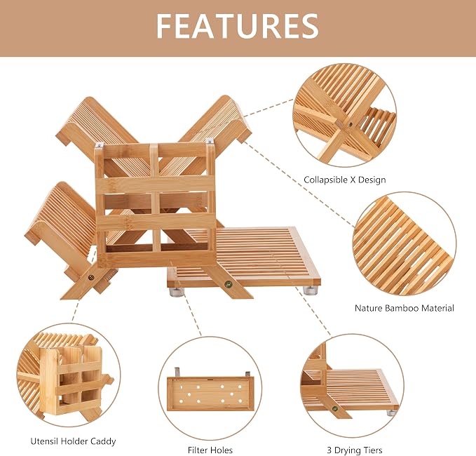 HBlife Bamboo Dish Drying Rack with Utensil Holder, 3-Tier Large Collapsible Wooden Dish Drainer Rack, Folding Drying Holder Dish Drainer for Kitchen Counter - Image 3