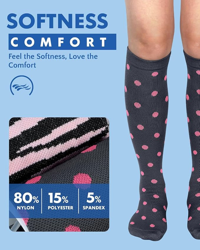 Compression Socks for Women 15-20 mmHg, 2 Pairs | Graduated Support, Knee High Fit, Polyester Stretch, Circulation Comfort, Nurses, Travel, Athletes, Flight, Daily, Patterned - Image 5