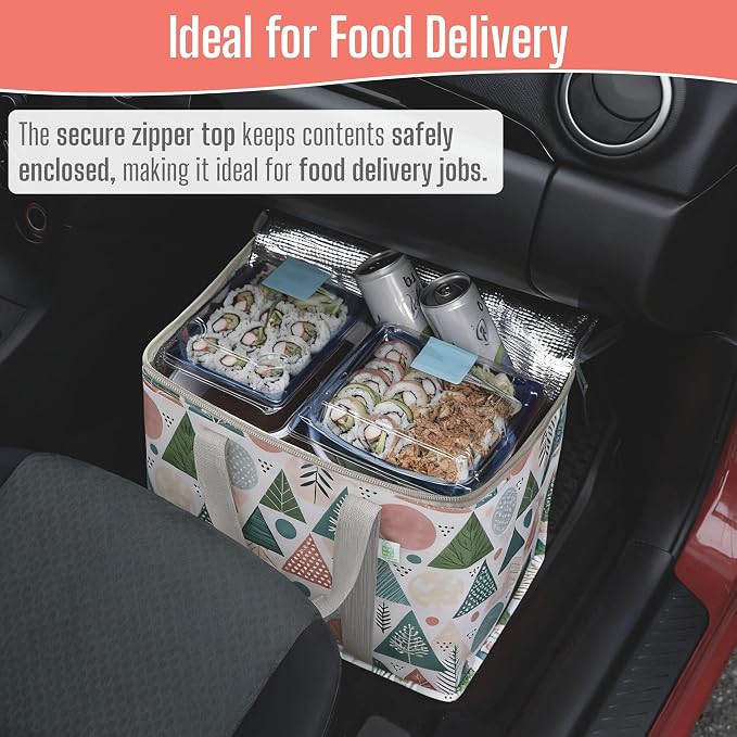 VENO 2 Pack Insulated Cooler Bag for Food Delivery, Reusable Grocery Bag | Heavy Duty Large Collapsible Cooler Shopping Tote w/ Zippers, Foldable, Stands Upright for Camping (Pastel Forest, 2 Pack) - Image 8
