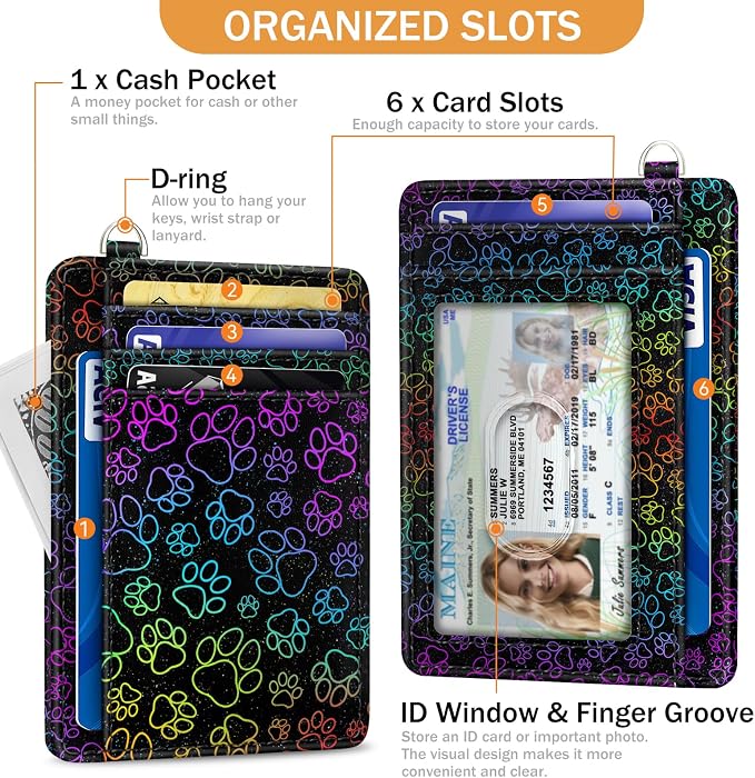 Yonlevres Dog Paw Credit Card Holder Slim RFID Wallet Women Small Travel | Front Pocket, Handy, RFID Blocking, Woman Girls Ladies Gifts, D-ring for Keychain,Thin Mini Card Case, ID Window, PU Leather - Image 4