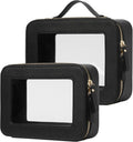 Clear Toiletry Bag 2 Pack, Travel Makeup Bag Medium and Large Black | Structured Clear Cosmetic Case with Zipper, Car Essential Organizer Bag for Women, Waterproof PU Leather, Wide Open Portable by POPVIBE