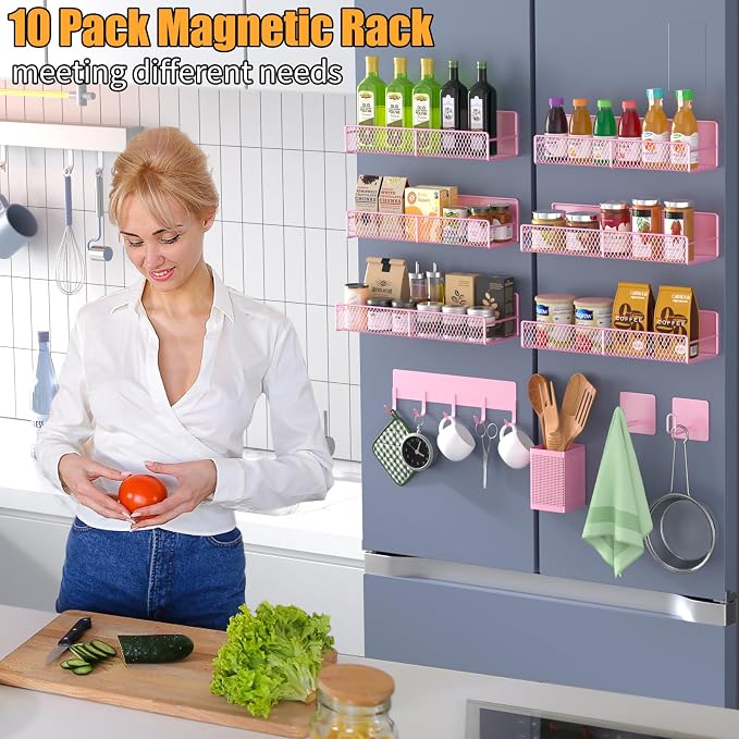 Magnetic Spice Rack for Refrigerator, 10 Pack Metal Magnetic Shelf, Moveable Spice Organizer with Hook Rack, Paper Towel Holder, Kitchenware Holder, Strong Magnetic Storage Fridge Organizer Pink - Image 6