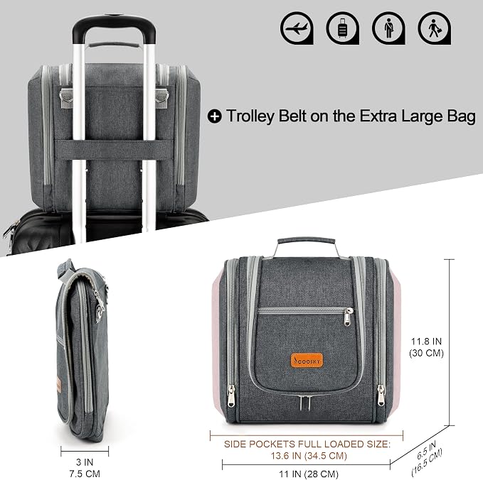 Hanging Toiletry Bag for Women & Men, Cruise Ship Travel Essentials, Holds Full Size Shampoo, with Dry and Wet Separation Cosmetic Bag, Makeup Organizer Bag, Bathroom Water-resistant Bag, Grey - Image 6