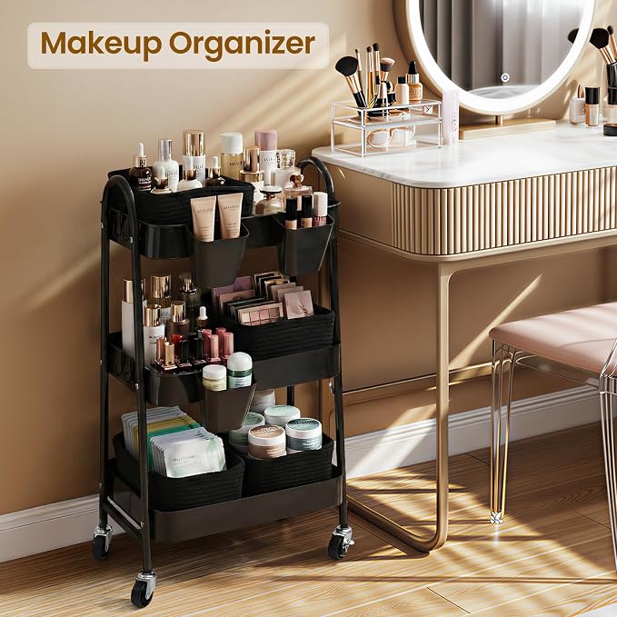 3-Tier Rolling Utility Cart with 4 Woven Baskets, Diaper Book Snack Cart, Storage Organizer for Nursery, Kitchen, Craft Room, Home SPA, Living Room, Metal Frame Trolley on Lockable Wheels, Black - Image 6