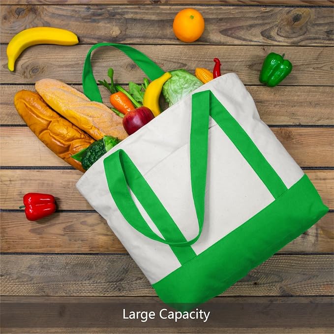 TOPDesign 6-Pack Canvas Tote Bags with an External Pocket, Reusable Grocery Shopping Bags, Top Zipper Closure, Daily Essentials (Lime Green/Natural) - Image 4