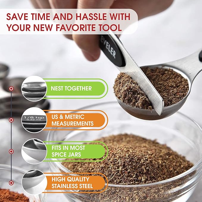 Spring Chef Stainless Steel 8 Magnetic Measuring Spoons Set, 2 Pack, Black | Dual Sided Metal Teaspoon & Tablespoon Measuring Spoons with Leveler for Dry & Liquid Ingredients, Nesting, Dishwasher Safe - Image 5
