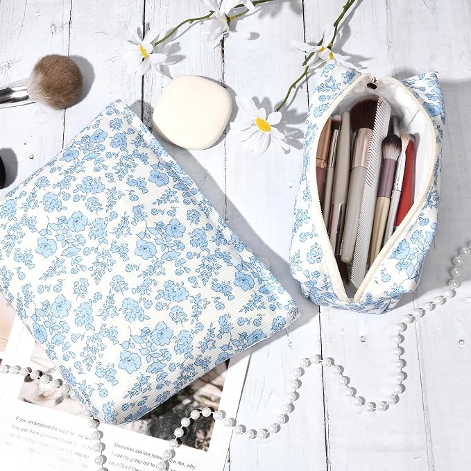 SOIDRAM 2 Pcs Makeup Bag Large Cosmetic Bag Toiletry Bag Makeup Pouch Travel Bag Organizer Cute Makeup Brushes Aesthetic Accessories Storage Bag for Women Blue Floral - Image 3