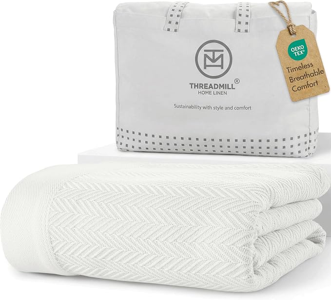 Threadmill Luxury Cotton Blankets for Queen Size Bed | All-Season 100% Cotton Queen Size Blanket | Herringbone Cozy, Soft Breathable Fall Thermal Blanket fits Full Size Bed | Tusk White | 100% Cotton, Herringbone Pattern, 90x92 in, Breathable, Moisture... by ThreadmillHomeLinen