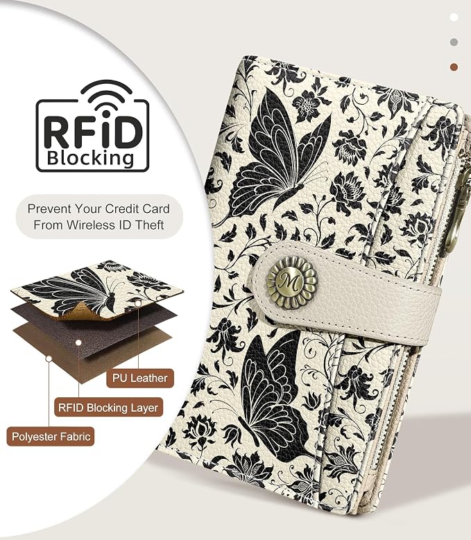 Butterfly Wallet Women RFID, Passport Holder, Credit Card Holder | 6.7" x 4.4" x 1.3" Bifold, Travel billfold, Zipper Pocket, PU Leather, Clutch, Purse, ID Window, Pen Holder, Gift Ladies Girl - Image 4