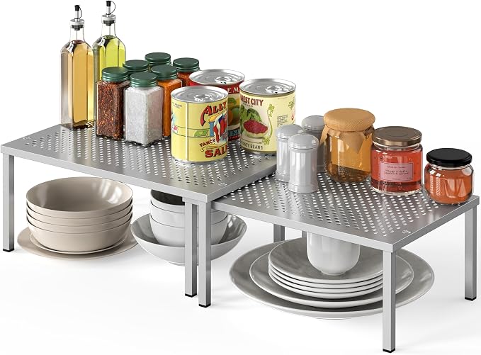 Simple Houseware Cabinet Counter Shelf Organizer w/Steel Surface, Silver | Expandable & Stackable 9" D x 12.75" W x 5.9" H by SimpleHouseware
