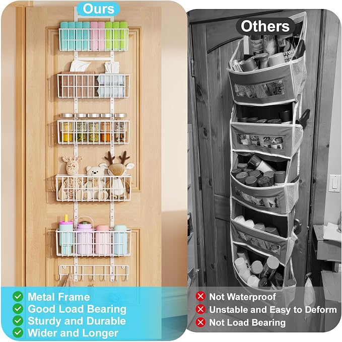 Hongtamoya Over The Door Organizer, Hanging Door Organizer with 5 Metal Baskets, Behind The Door Storage for Pantry Closet Bedroom Bathroom Cabinet Kitchen, White - Image 3
