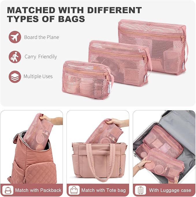NOL 3-Pack Mesh Travel Toiletry Bags - Clear Zipper Travel Organizer, Airport Carry-On Compliant Reusable Cosmetic Makeup Bag for Women & Men (Dark pink) - Image 3
