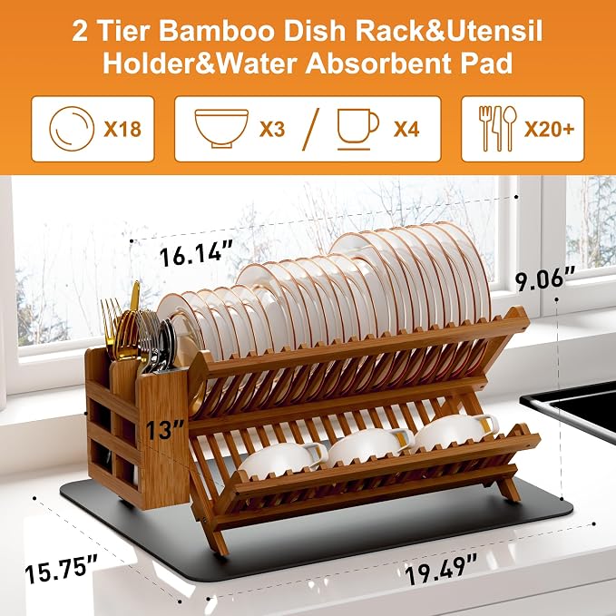 Greenual Teak Dish Drying Rack with Utensil Holder, 2 Tier Collapsible Dish Rack, Wooden Dish Racks for Kitchen Counter, Folding Drying Holder with Absorbent Dish Drying Mat - Image 2