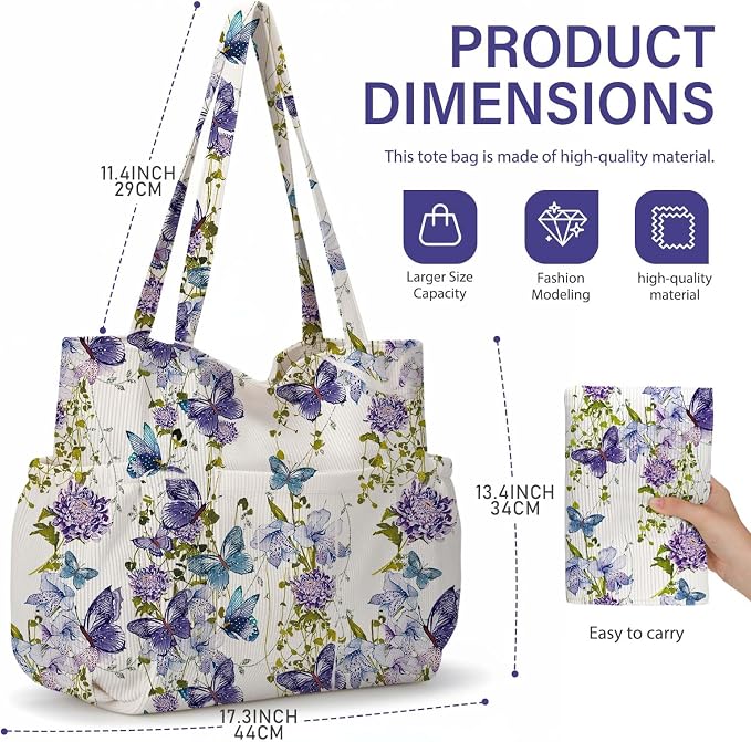 Corduroy Tote Bag for Women,Large Capacity Cute Tote Bags With 6 Pockets,Crossbody Shoulder Handbag for Work Travel Gym - Image 7