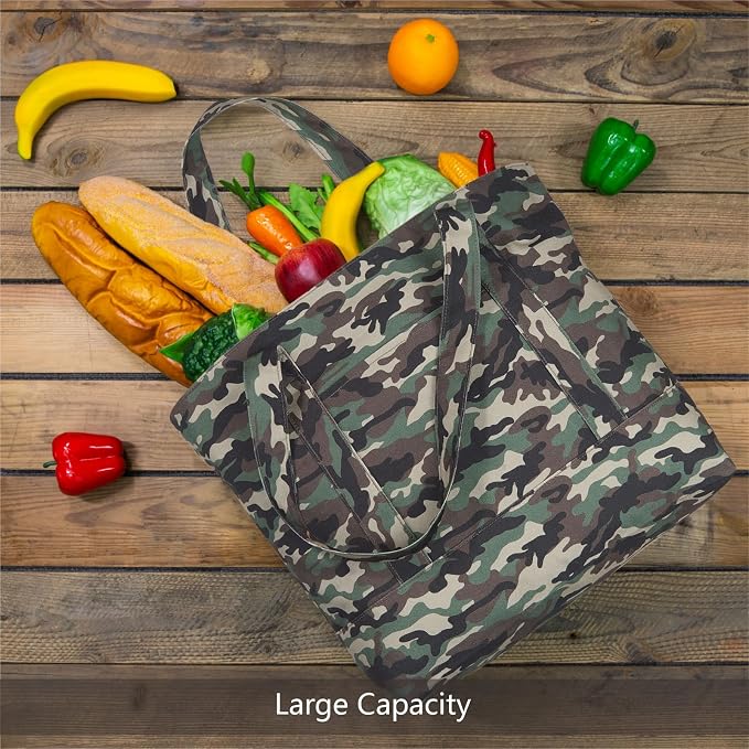 TOPDesign 1-Pack Canvas Tote Bag with an External Pocket, Reusable Grocery Shopping Bag, Top Zipper Closure, Daily Essentials (Camo) - Image 3