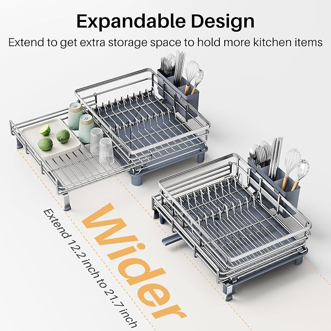 Expandable Dish Drying Rack for Kitchen Counter, Stainless Steel, Silver | Foldable Over Sink, Large Capacity, Adjust to Fit Most Sinks, Angled Drainboard, Removable Utensil Holder, Slip Resistant - Image 4