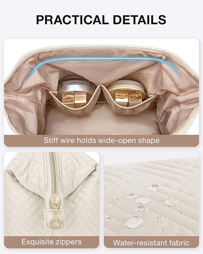 BAGSMART Travel Makeup Bag, Cosmetic Bag Small Make Up Organizer Case,Wide-open Pouch for Women Purse for Toiletries Accessories Brushes,Small Beige - Image 6