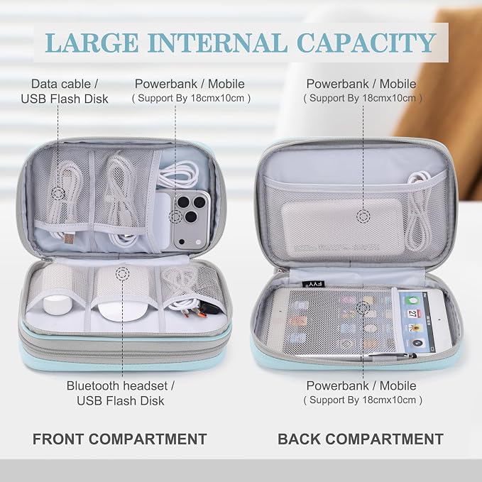 FYY Electronic Organizer, Travel Tech Pouch Bag, Large, Mint Green | Wrist Strap, Waterproof, Double Layers Portable Electronics Travel Carrying Case for Cord, Charger, Daily Business Trips Use - Image 3