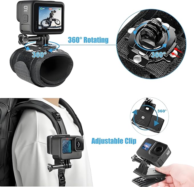 Accessories Kit for Action Camera, Chest & Head Strap Mount, 360° Rotating Wrist Strap Mount, Backpack Clip, Suction Cup Mount, Floating Handle Grip and Various Adjustable Camera Accessories - Image 3