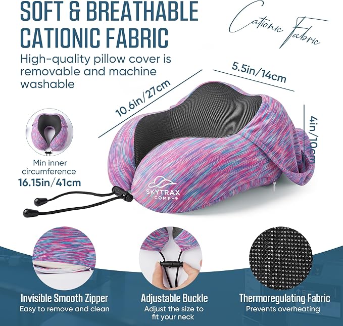 SkytraxComf® Travel Neck Pillow with Hood for Privacy on Long Flights | Memory Foam | Airplane Sleep | Safety-Tested Materials | Extra Large Hood | Chin Support | Earplugs | Washable Cover - Image 6
