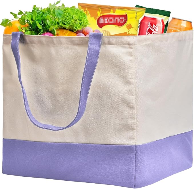 Reusable Grocery Bags Heavy Duty, 8.3 gal Foldable Large Canvas Tote Bag with Handles, Holds 60 lbs Canvas Shopping Bags, 1 Pack（Off White+Light purple） by CNaiyunpin