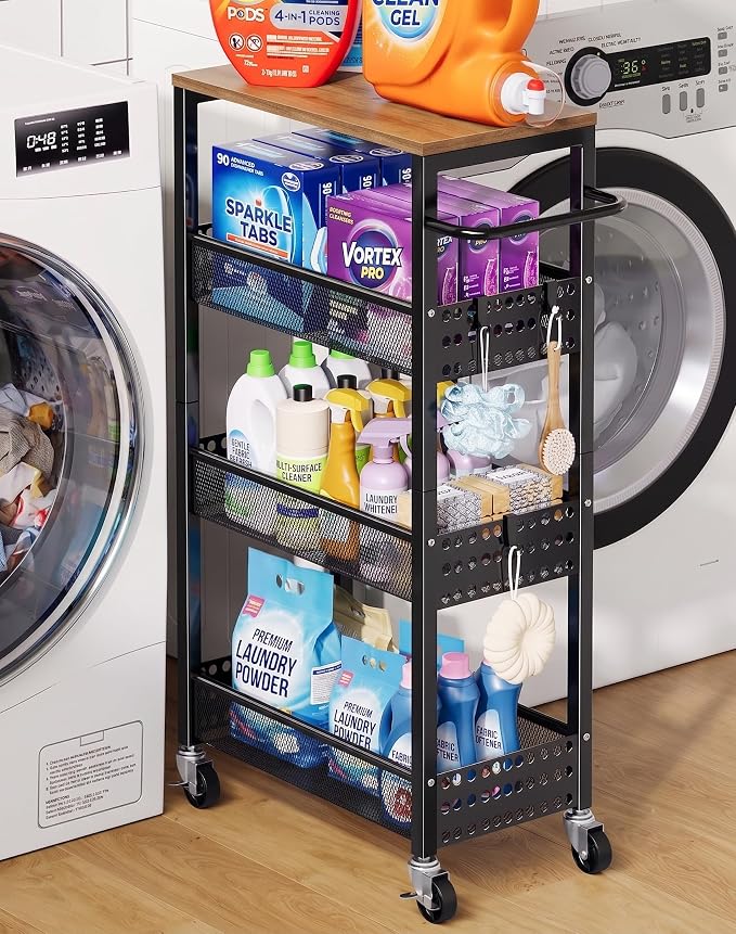 Laundry Room Slim Rolling Cart with Wheels for Between Washer and Dryer Gap | Utility Slim Storage Cart with Table Top, Small Laundry Organizers and Storage Shelves, Thin Shelf for Narrow Spaces, 4 Tier by Unknown