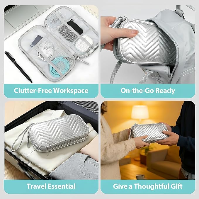 Double Layer PU Leather Electronics Organizer Bag Silver Gray | Water-resistant with 8 compartments and padded lining for tangle-free 3ft+ cords, chargers & phones. Includes 8 ties. - Image 6