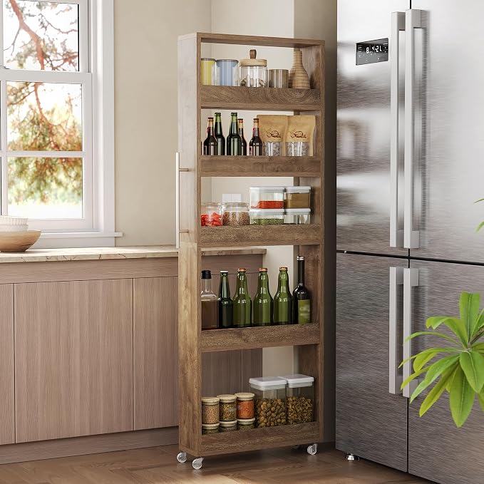 LITTLE TREE 63-Inch Slim Storage Cart on Wheels, 5-Tier Tall Narrow Mobile Shelf Organizer, Rolling Utility Cart with Metal Handle for Kitchen, Dining Room, Small Spaces, Brown by LITTLETREE