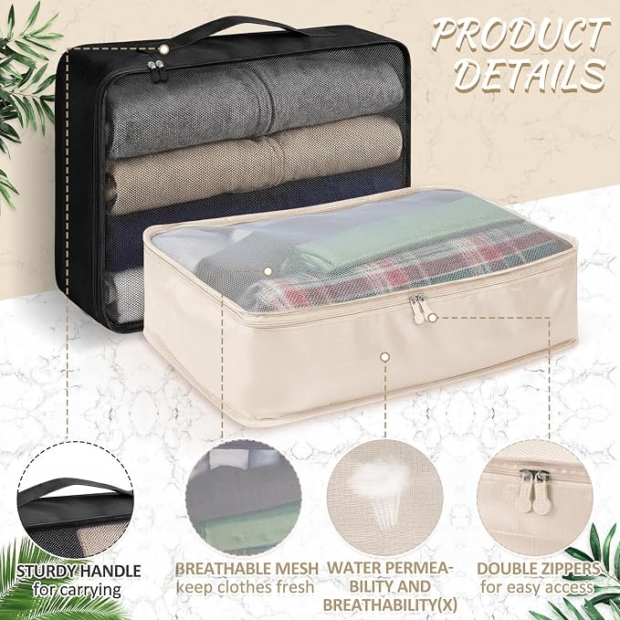 Silkfly 12 Pcs Packing Cubes for Suitcase Travel Luggage Bags Bulk Mesh Organizer Set for Hiking Camping, XL, L, M Size(Beige, Black) - Image 3