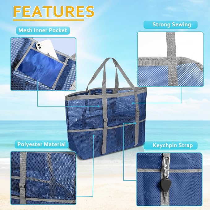SRISE Mesh Beach Bag - Large Beach Tote Bag for Family Beach Bag for Toys & Vacation Essentials - Image 3