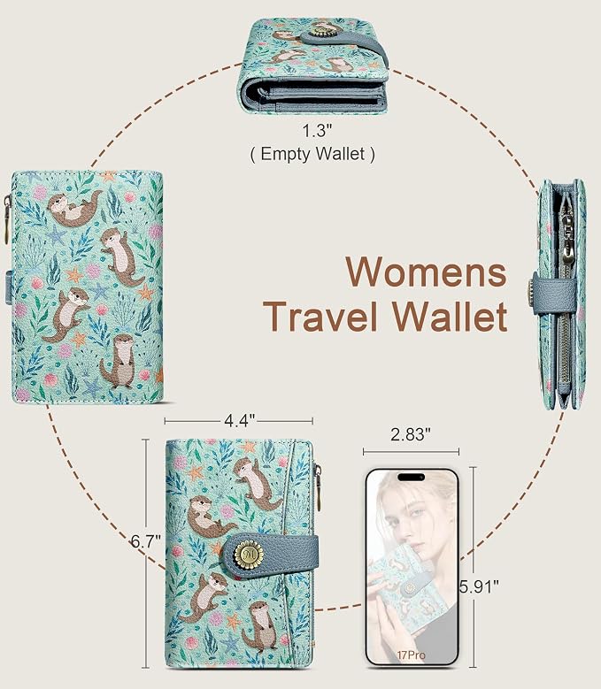 Otter Wallet Women RFID, Cute Passport Holder, Credit Card Holder | 6.7" x 4.4" x 1.3" Bifold, Travel billfold, Zipper Pocket, PU Leather, Clutch, Purse, ID Window, Pen Holder, Gift Ladies Girl - Image 5