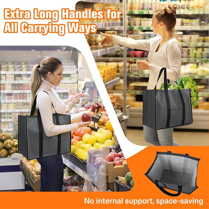WISELIFE Reusable Grocery Bags, Foldable, Lasting Use, 35L, 6 Pack, Gray | Large Shopping Bags with Reinforced Stitching, Water-Resistant Grocery Totes for Kitchen, Market, Car Trunk, Picnic - Image 3