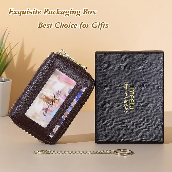 imeetu Rfid Credit Card Holder, Businese Card Case, Wallet for Women Men | Genuine Leather Card Wallet with id Window, Keychain & Double Zipper, Water-resistan Small Wallet with Gift Box, Daily Travel - Image 7