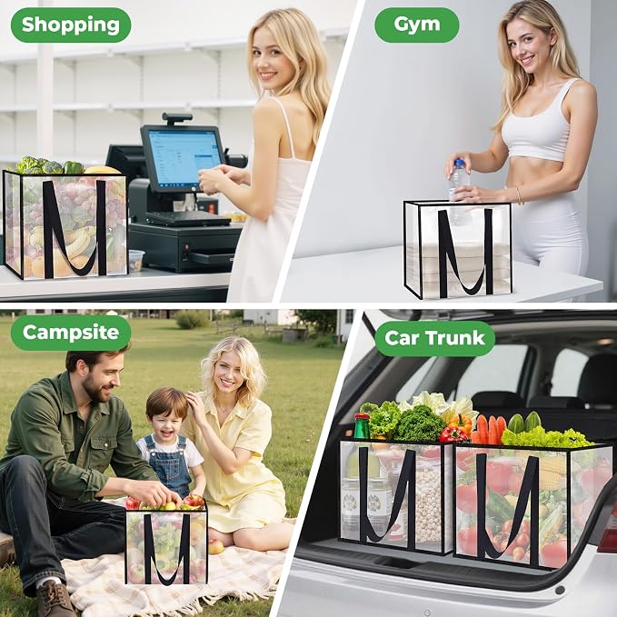 Reusable Grocery Bags, Clear Shopping Bags, 10 Pack, 42L | Heavy-duty, 66-lb capacity, reinforced handles, stands upright, foldable, water-resistant, wipe-clean, visible contents - Image 7