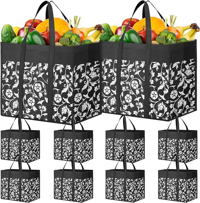 Reusable Grocery Bags Foldable Tote Bags bulk Shopping Bags 10-Pack, Black | Reinforced Handles Shopping Bags for Groceries Heavy Duty Kitchen Reusable Grocery Bags with Waterproof Coating by WOWBOX