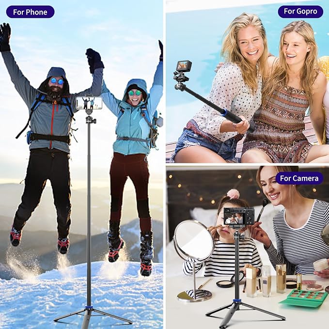 Kaitezenz Selfie Stick Tripod for Gopro Camera, 64" Extendable Stand with 360° Ball Head 1/4" Screw, Portable Lightweight Camera Tripod for GoPro Max Hero 11 10 9 8 7 6 5 DJI OSMO Action Phone - Image 7