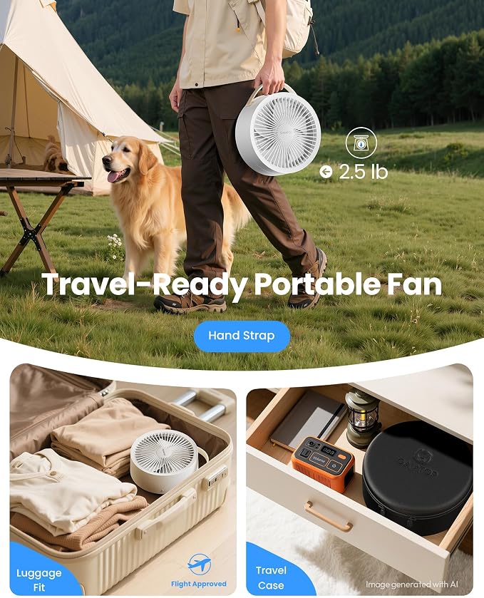 Gaiatop Portable Pedestal Fan 16000mAh Battery [Max 74h Runtime], Foldable Oscillating Standing Fan, Collapsible Desk Fans, LED Light, Case & Remote Control 4 Speeds for Outdoor Travel Camping (White) - Image 6