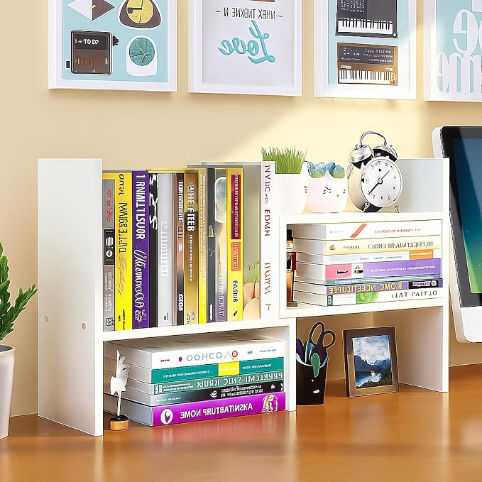 Desktop Shelf Organizer, Adjustable Wood Office Storage Rack, Counter Display Small Bookshelf for Home/Office/School(White) by IUSEIT