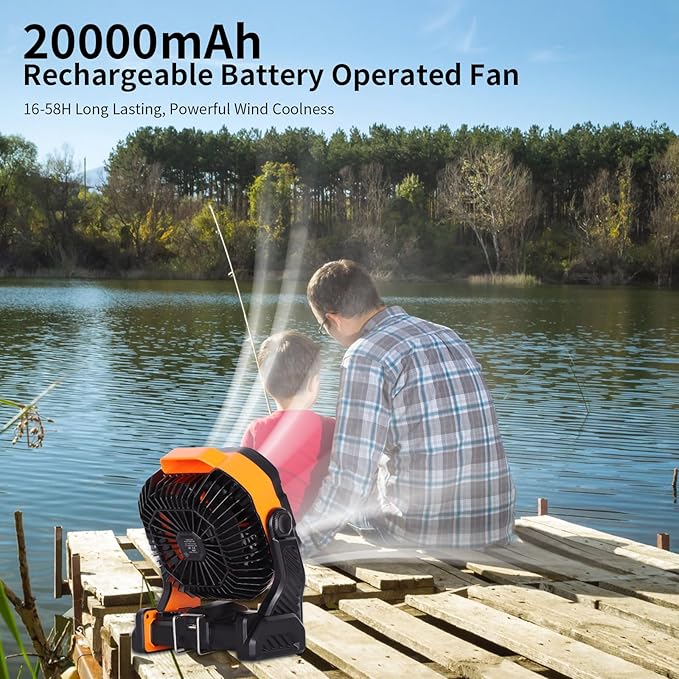 WESTTREE 20000mAh Battery powered fan Camping Fan essentials Portable fan Battery OperatedRechargeable Outdoor Tent with Light & Hook Personal USB Desk for Camping,Orange - Image 2