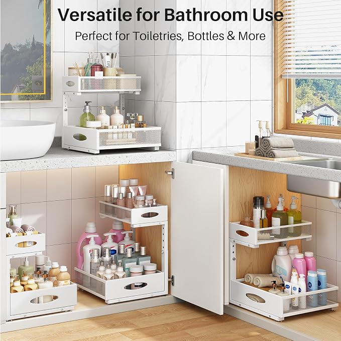 Under Sink Organizer, 2 Tier Pull Out Under Cabinet Organizer Shelf with Pad for Framed Cabinets, Metal Slide Out Under Sink Storage, Mesh Sliding Drawers for Kitchen Bathroom Laundry(White, 1 Pack) - Image 9