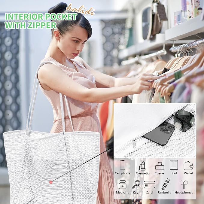 KALIDI Beach Mesh Tote Bag, Casual MAX 23L Summer Foldable Hobo Bag Women | Sandproof Widen Strap Large Shoulder Bag For Lake Pool Vacation Travel Picnic Grocery Market Shopping Carrier - Image 2